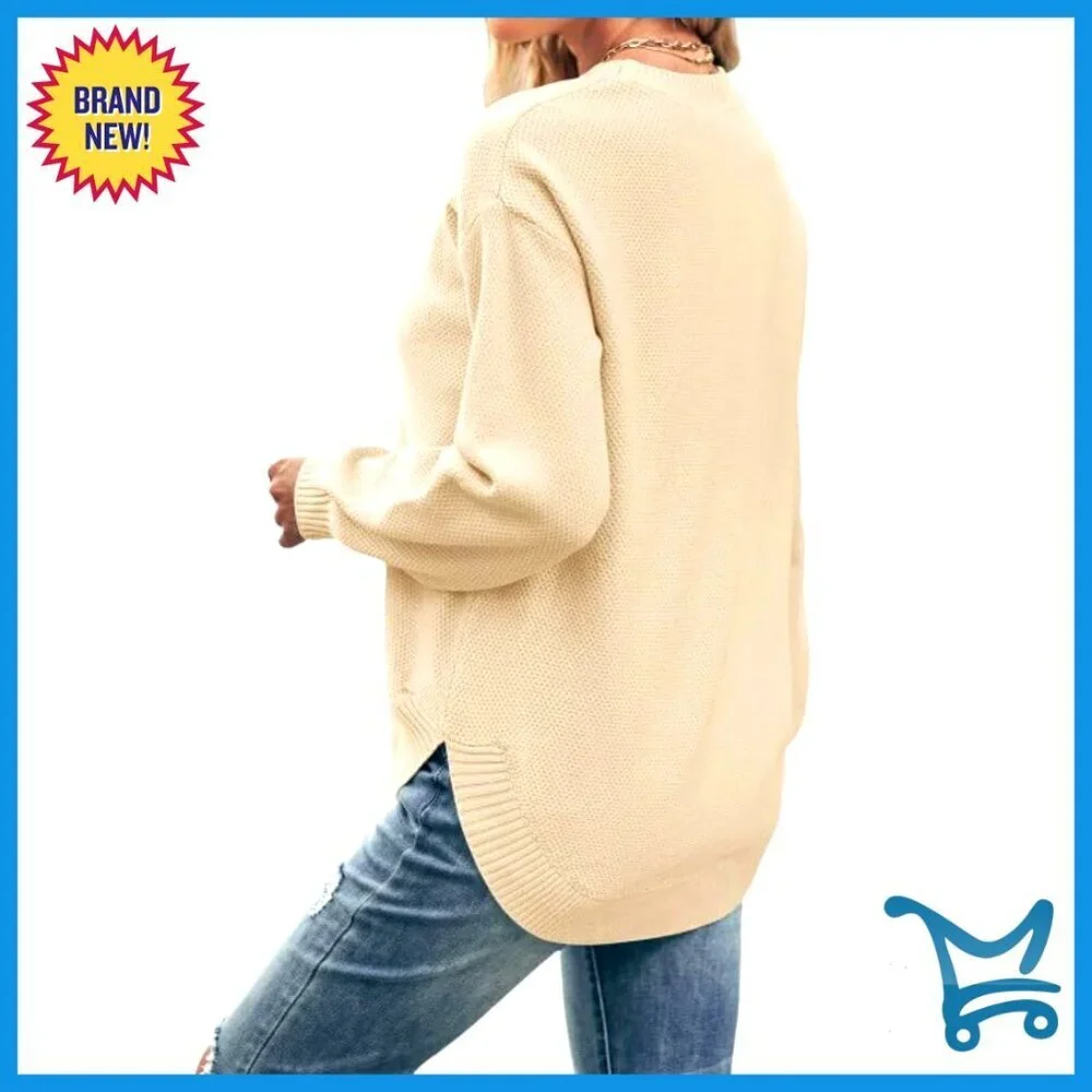 Oversized Waffle Knit Pullover Cozy Casual Loose Fit Modern Side Split